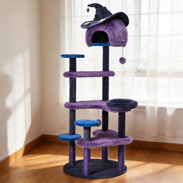 purple halloween cat tree with witch hat bed 17