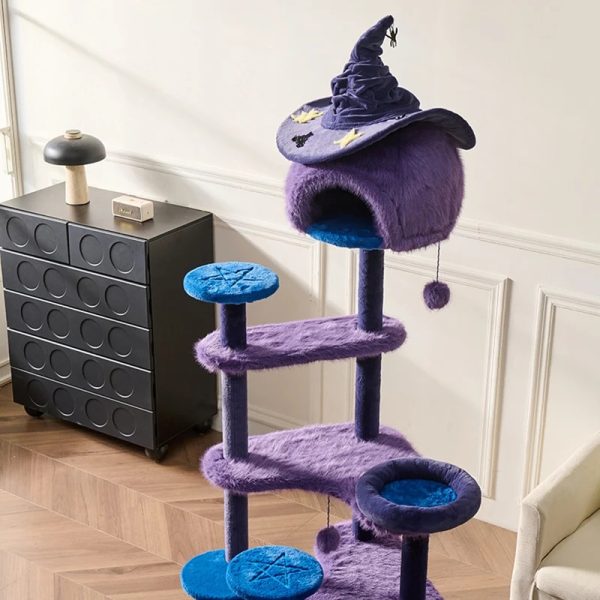 purple halloween cat tree with witch hat bed 19