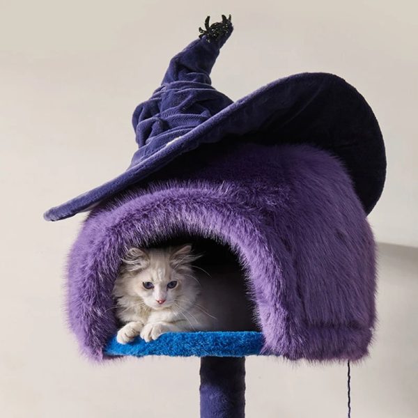 purple halloween cat tree with witch hat bed 21