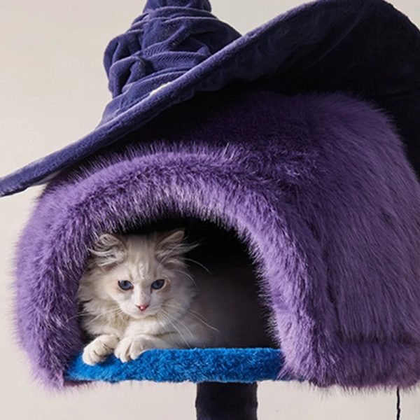 purple halloween cat tree with witch hat bed 22