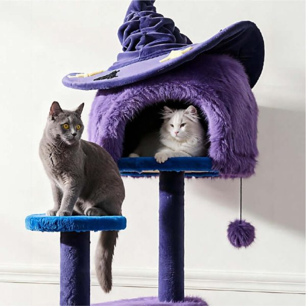 purple halloween cat tree with witch hat bed 24