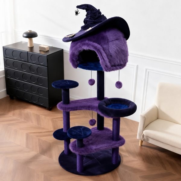 purple halloween cat tree with witch hat bed 32