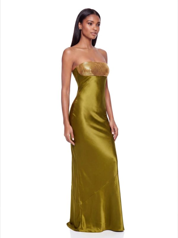 revionx strapless rhinestone satin maxi dress in olive green 13