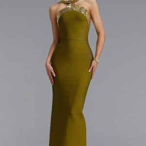 riza halter rhinestone bandage green maxi dress 11