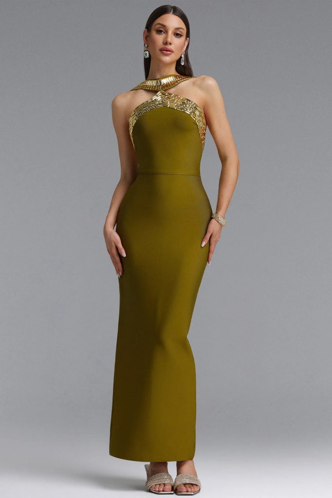 riza halter rhinestone bandage green maxi dress 11