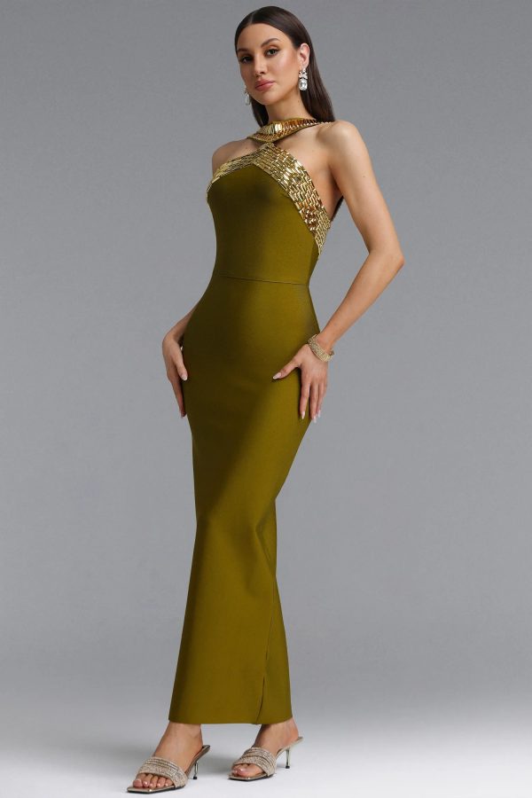 riza halter rhinestone bandage green maxi dress 15