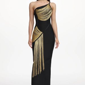 roanna one shoulder sleeveless golden tassels bandage black maxi dress 11
