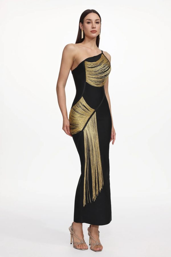 roanna one shoulder sleeveless golden tassels bandage black maxi dress 15