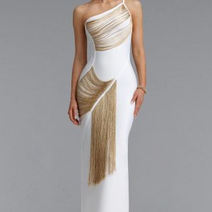 roanna one shoulder sleeveless golden tassels bandage white maxi dress 11
