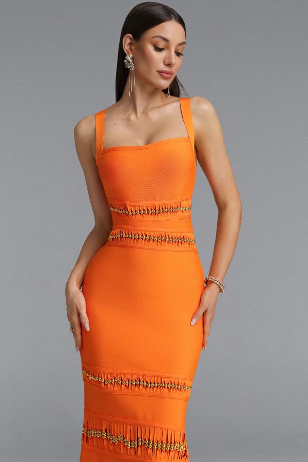 shanley sleeveless beaded fringe orange bandage maxi dress 12