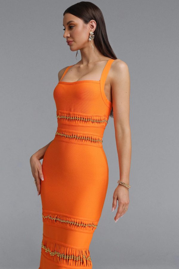 shanley sleeveless beaded fringe orange bandage maxi dress 14