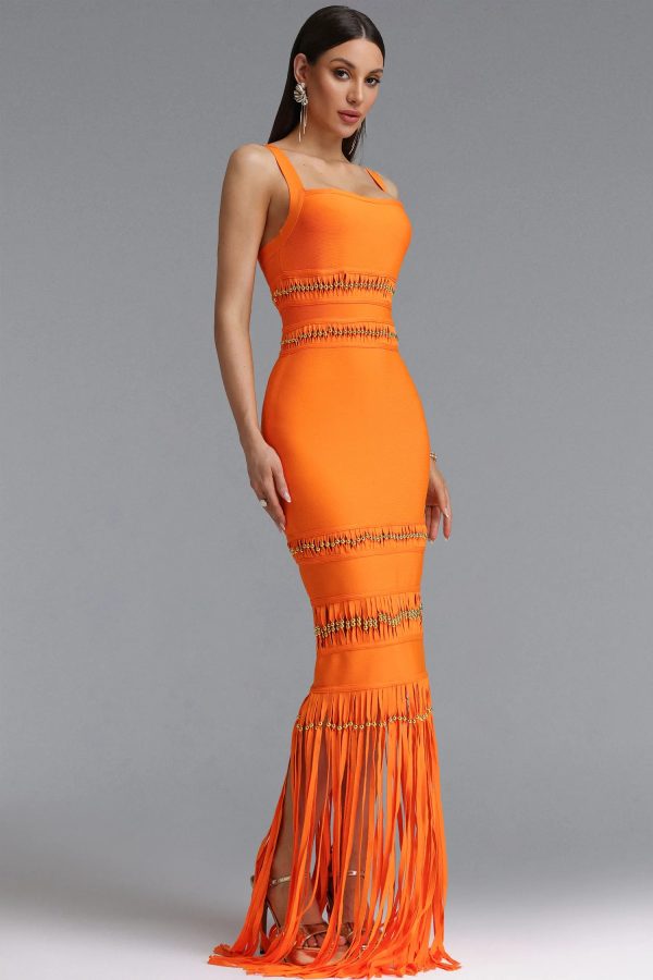 shanley sleeveless beaded fringe orange bandage maxi dress 15