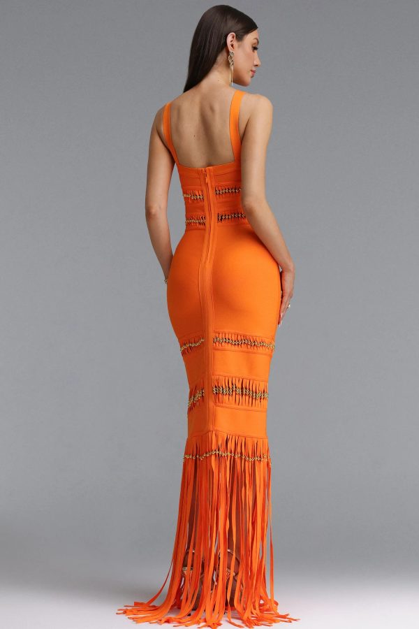 shanley sleeveless beaded fringe orange bandage maxi dress 16