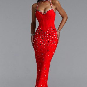 simone luxury halter rhinestone bandage maxi dress in red 11