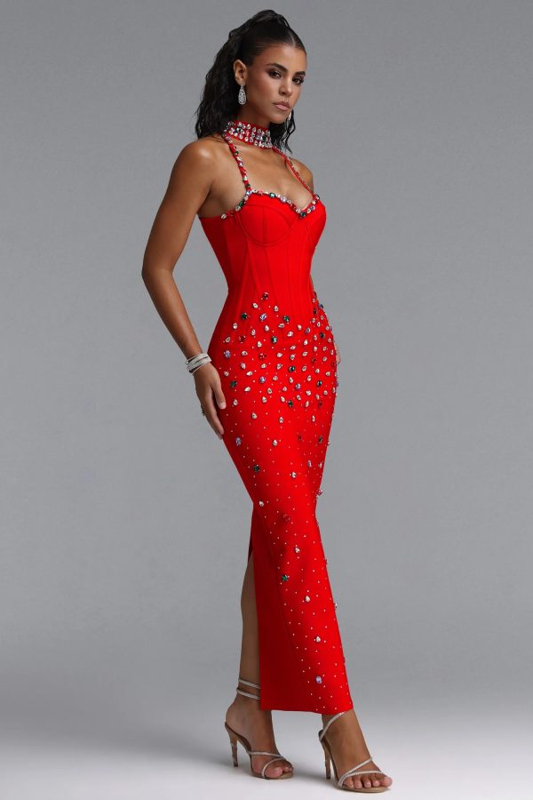 simone luxury halter rhinestone bandage maxi dress in red 15
