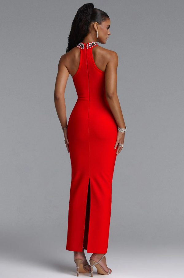 simone luxury halter rhinestone bandage maxi dress in red 16
