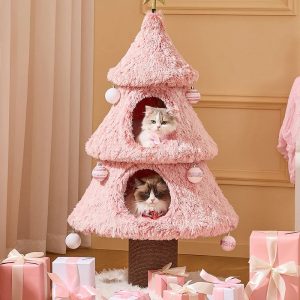 snowy holiday christmas pink cat tree 11
