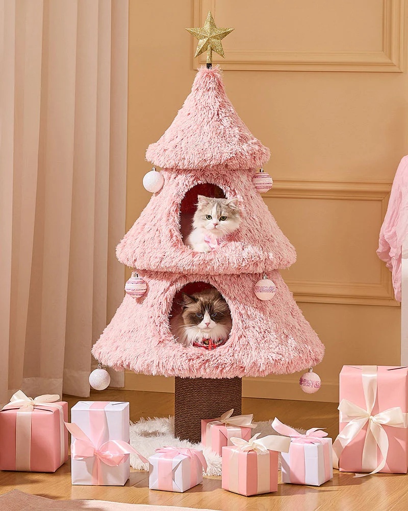 snowy holiday christmas pink cat tree 11