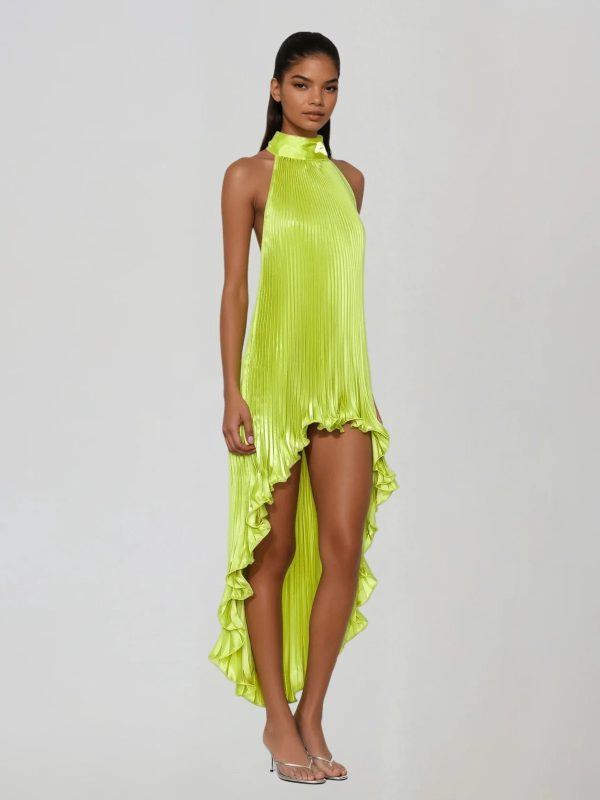 sorynex high neck pleated metallic dress in chartreuse 12