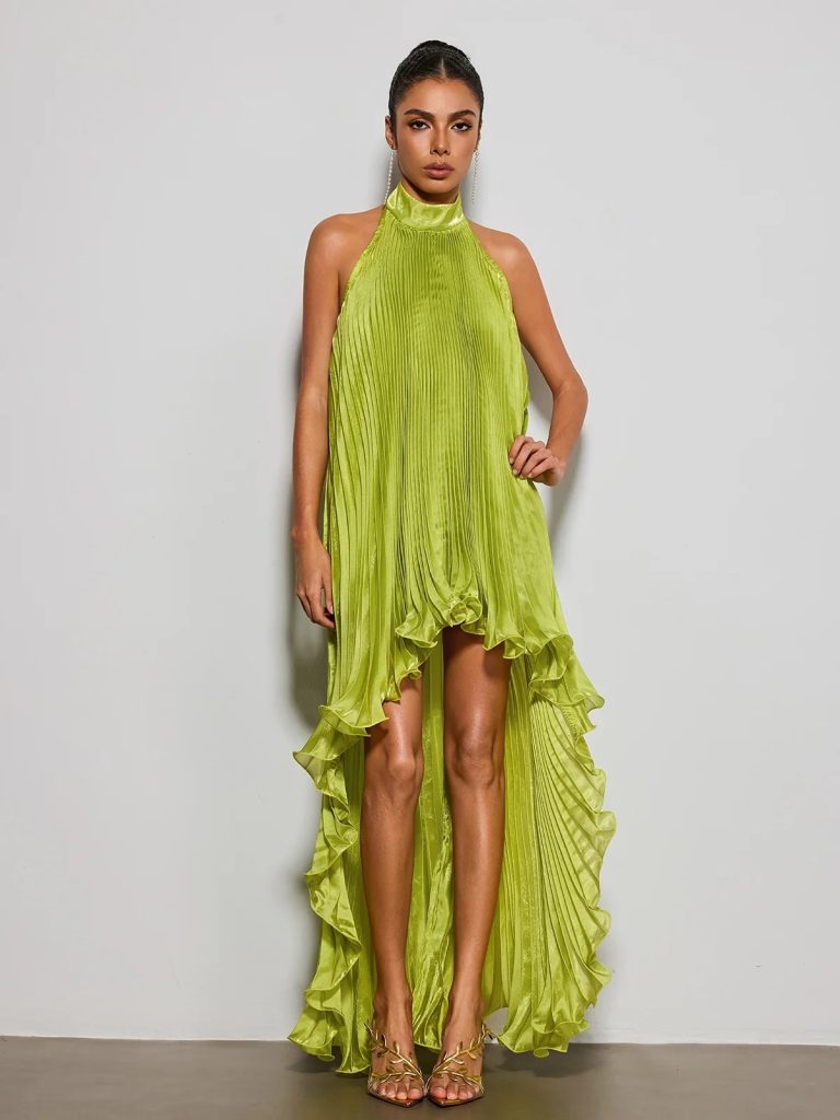 sorynex high neck pleated metallic dress in chartreuse 13
