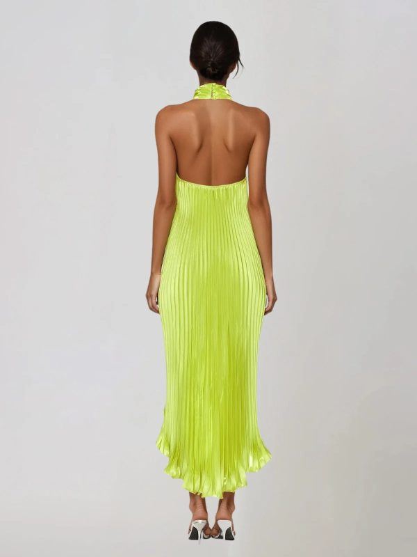 sorynex high neck pleated metallic dress in chartreuse 15