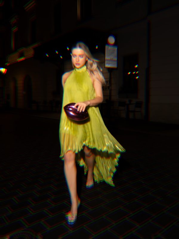 sorynex high neck pleated metallic dress in chartreuse 18
