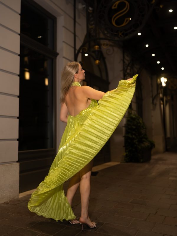 sorynex high neck pleated metallic dress in chartreuse 19
