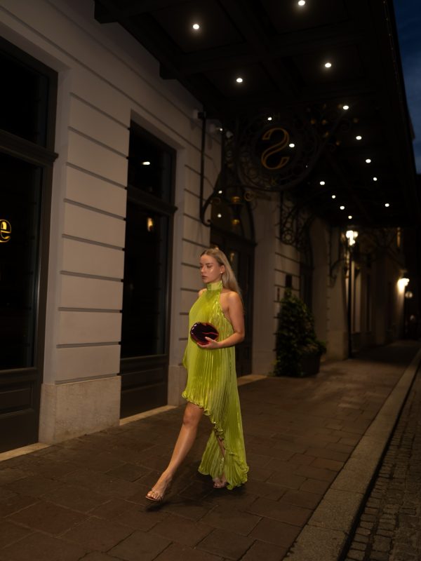 sorynex high neck pleated metallic dress in chartreuse 20