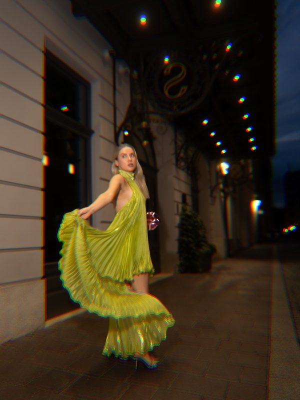sorynex high neck pleated metallic dress in chartreuse 22