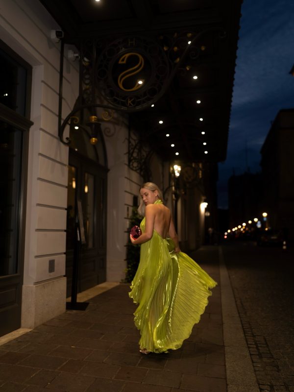 sorynex high neck pleated metallic dress in chartreuse 24