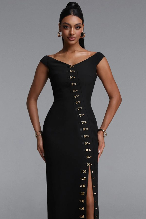 tess vintage off shoulder v neck metal buckle slit black maxi dress 12