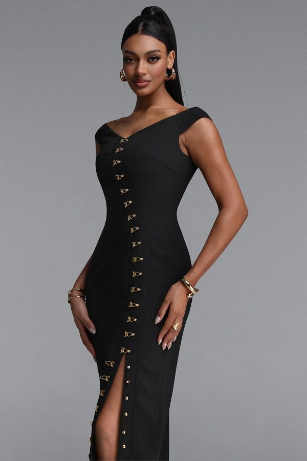 tess vintage off shoulder v neck metal buckle slit black maxi dress 14