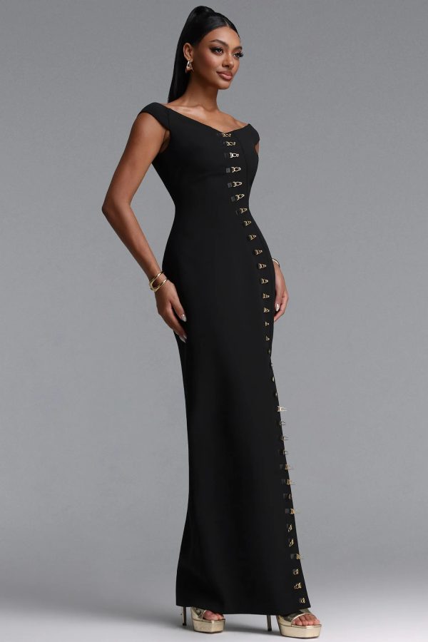tess vintage off shoulder v neck metal buckle slit black maxi dress 15