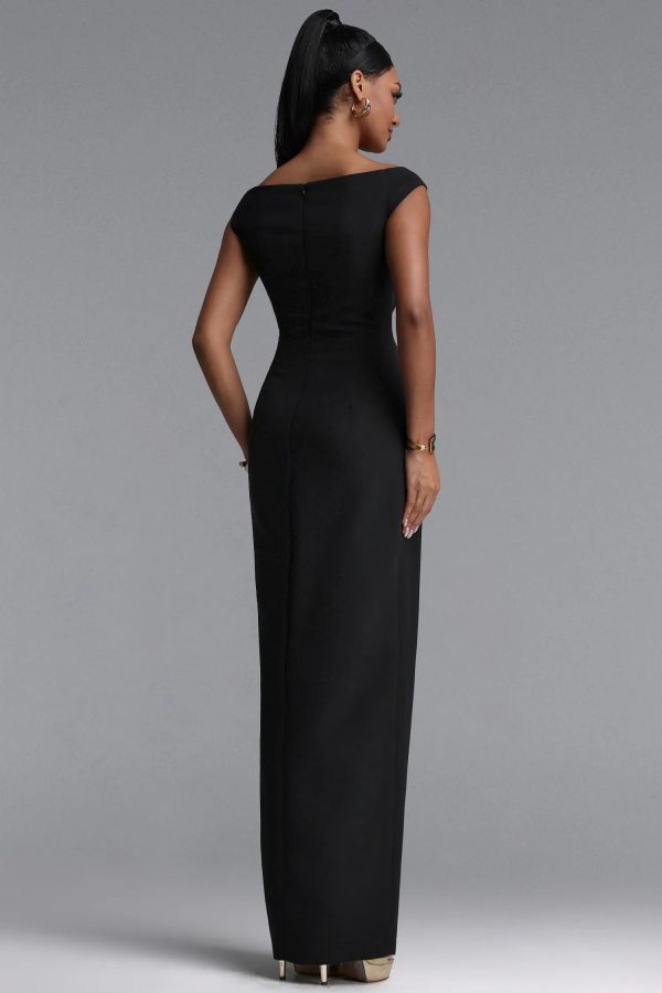 tess vintage off shoulder v neck metal buckle slit black maxi dress 16