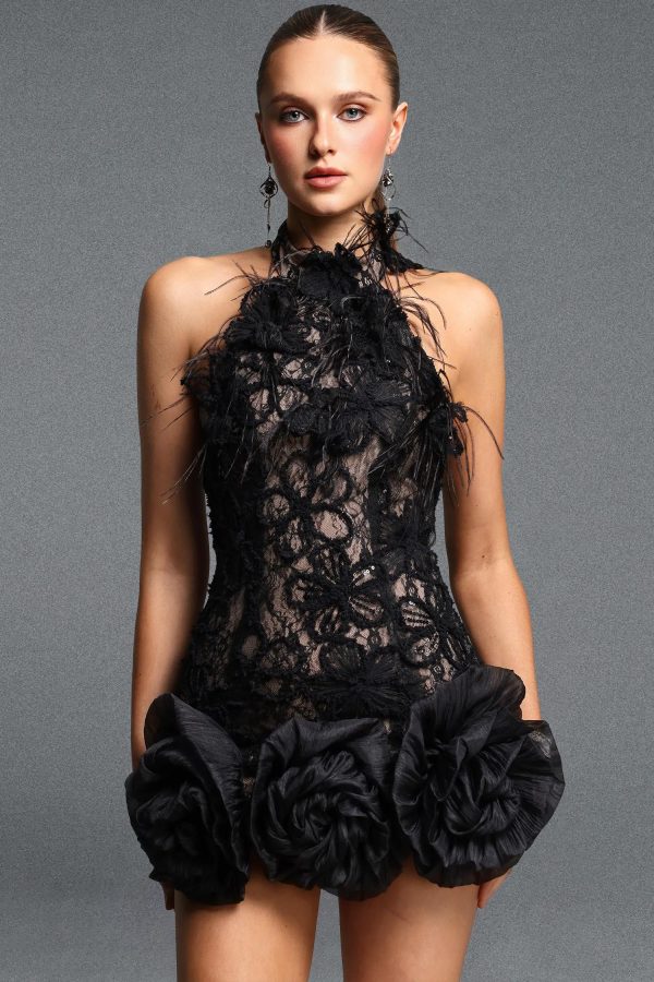 ulanne flower lace mini dress in black 18