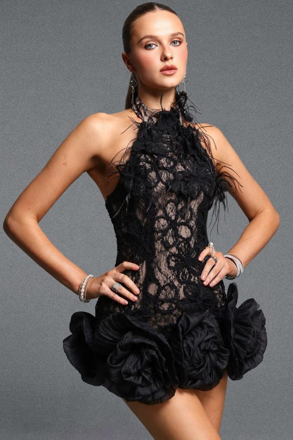 ulanne flower lace mini dress in black 20