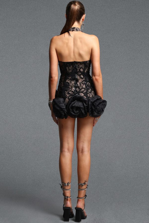 ulanne flower lace mini dress in black 22