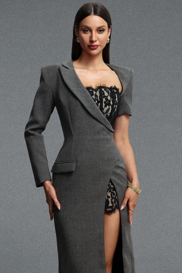 valique lace split blazer maxi dress in dark gray 17