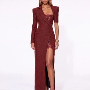 valique lace split blazer maxi dress in red 11