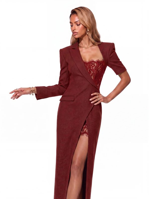 valique lace split blazer maxi dress in red 13