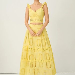 victoria yellow embroidered lace ruffle top & skirt set 11