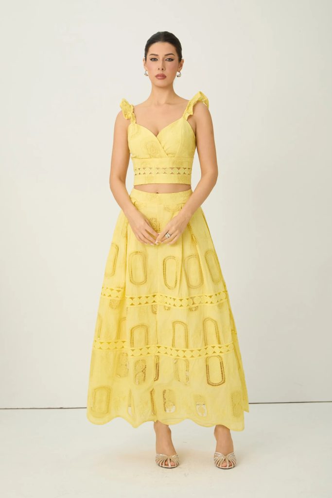 victoria yellow embroidered lace ruffle top & skirt set 11