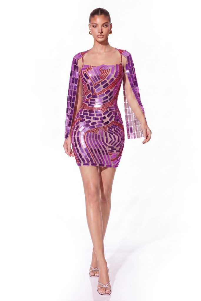 wyral cape sleeve rhinestone acrylic mini dress in purple 11