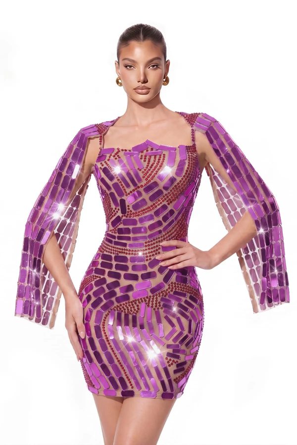 wyral cape sleeve rhinestone acrylic mini dress in purple 13