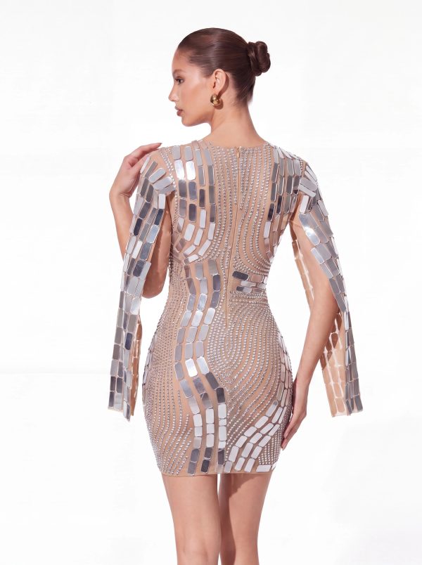 wyral cape sleeve rhinestone acrylic mini dress in silver 13