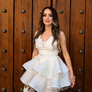 xexis v neck tiered dot mini dress in white 17
