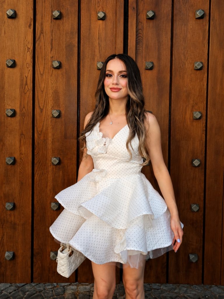 xexis v neck tiered dot mini dress in white 17