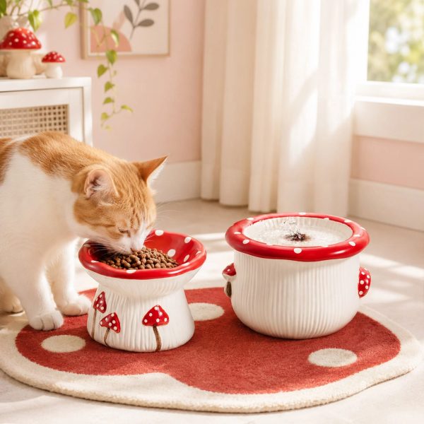 30oz mushroom picnic ceramic cat water fountain 12