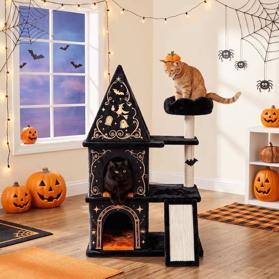 47.2 gothic cat tree with hiding condos, plush basket & scratching post 11