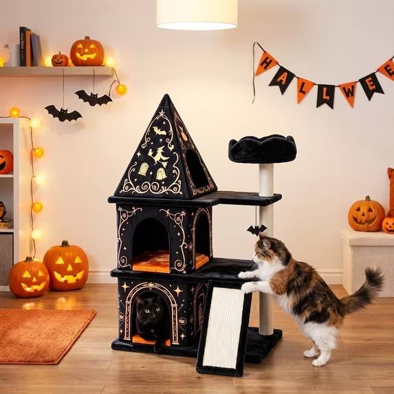 47.2 gothic cat tree with hiding condos, plush basket & scratching post 12